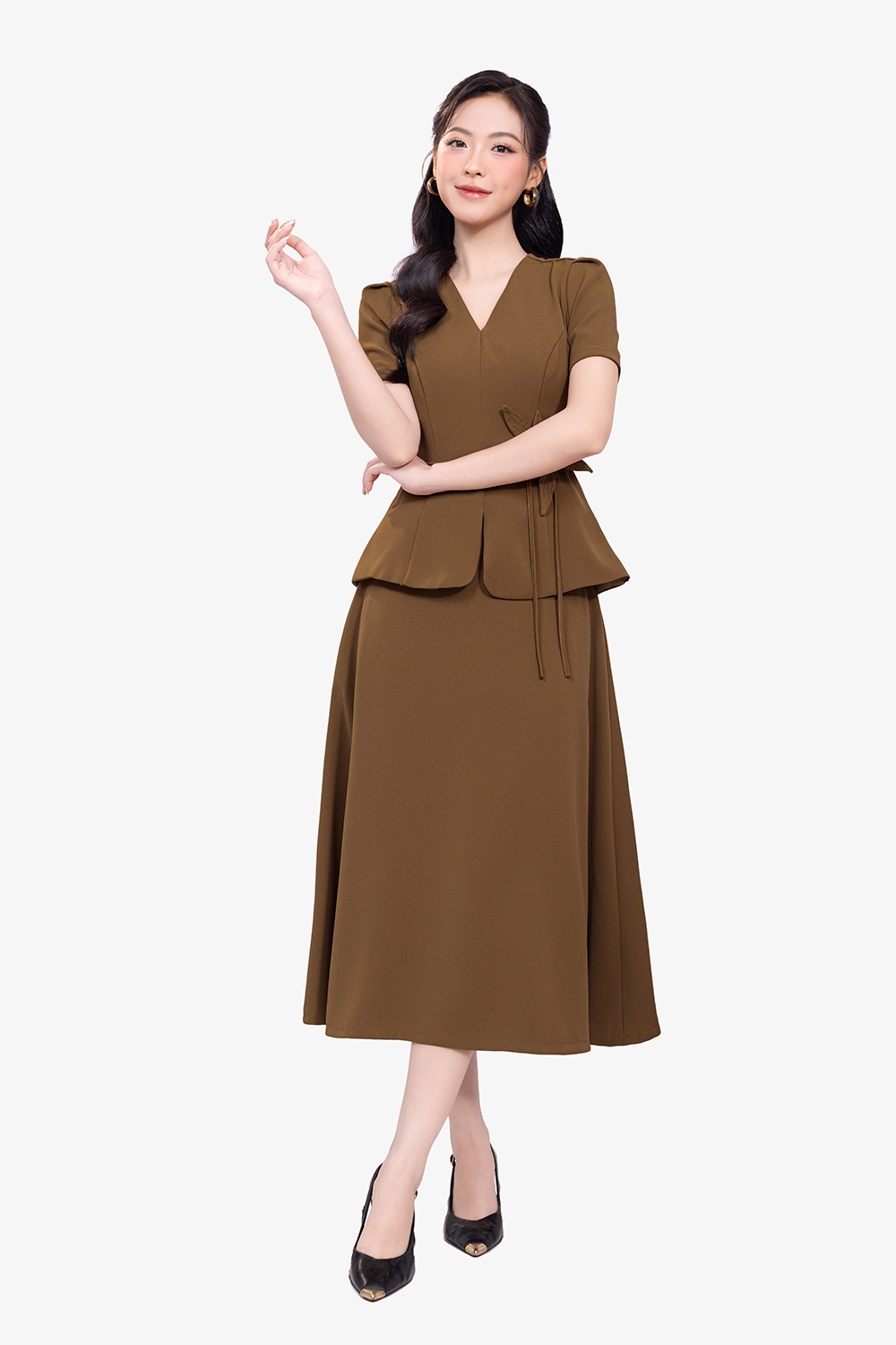Chân váy công sở dáng xòe chữ A màu nâu