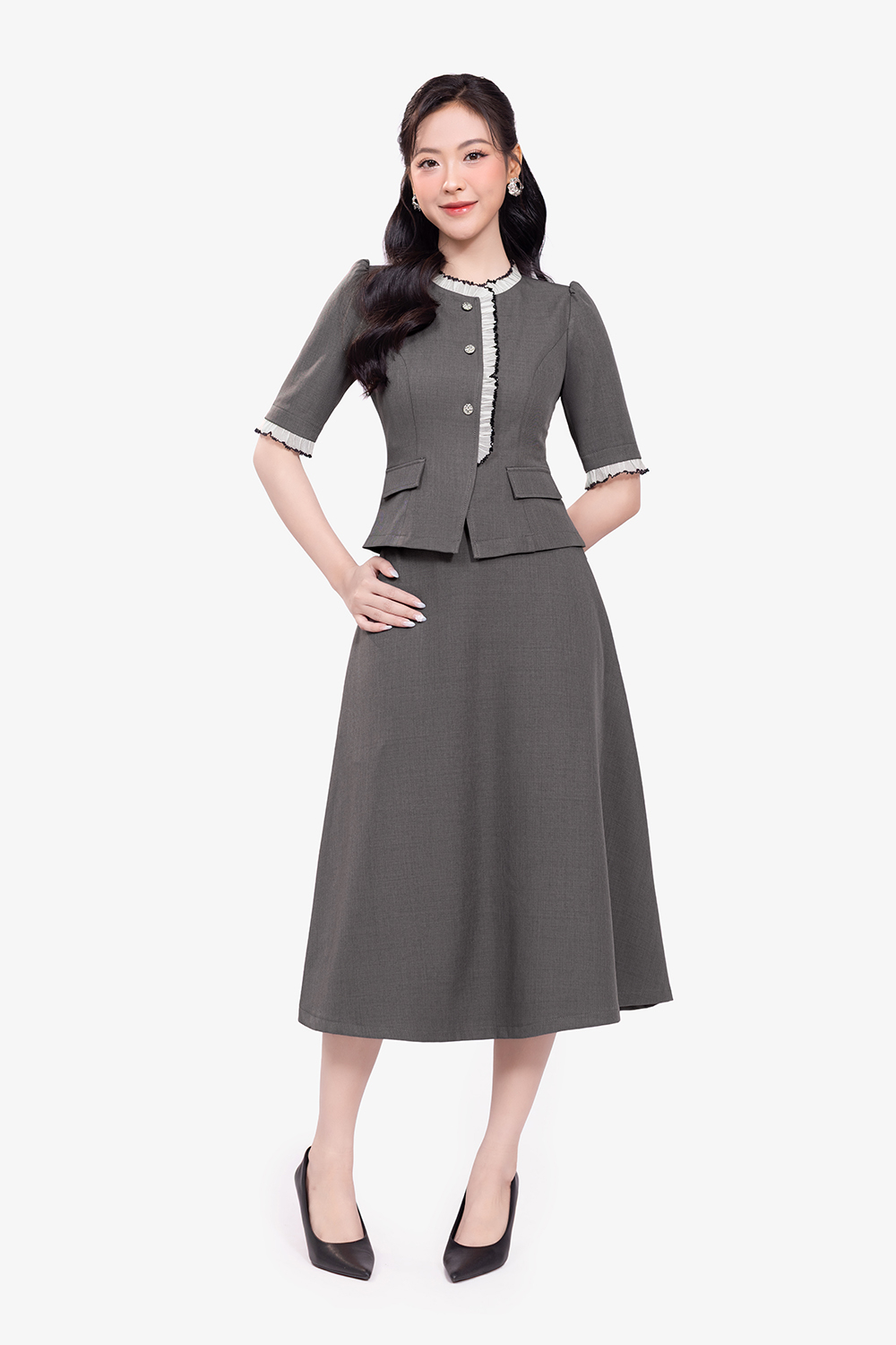 Chân váy công sở dáng xòe màu xám
