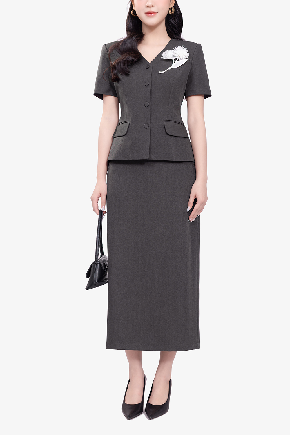 Chân váy dài dáng suông xẻ sau màu xám