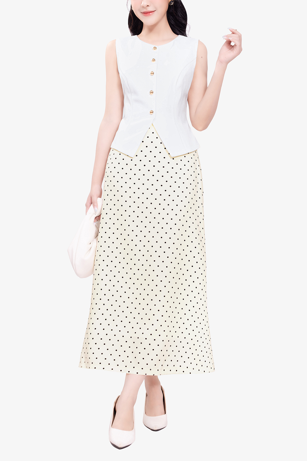 Chân váy chấm bi dáng dài màu trắng kem