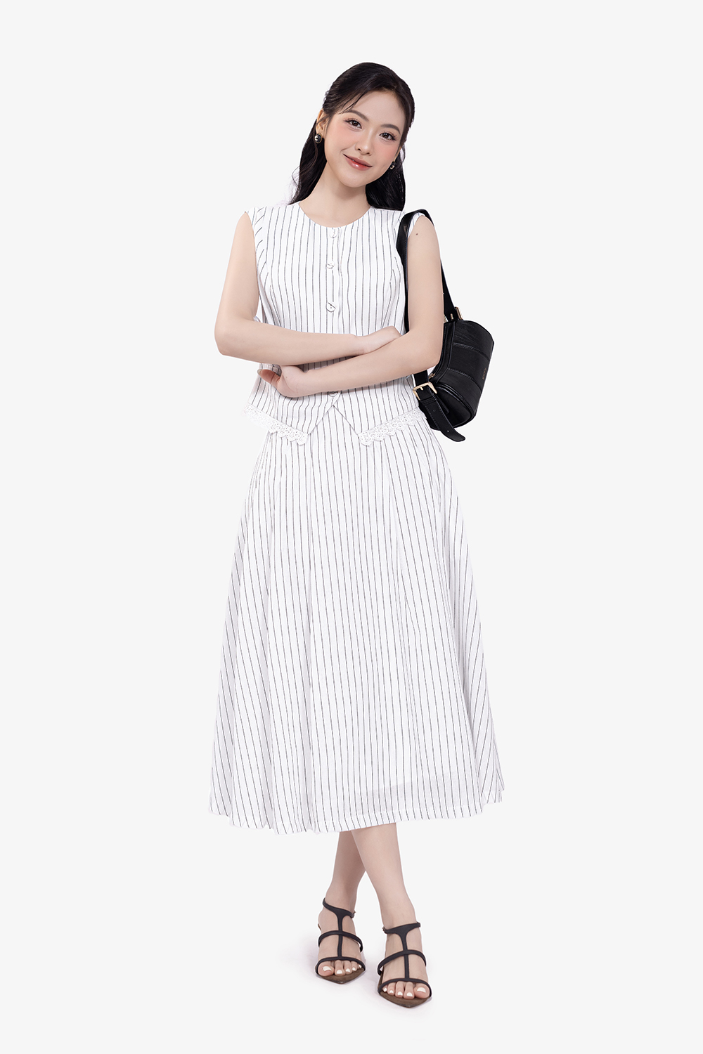 Chân váy linen kẻ sọc dáng xòe màu trắng