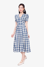 Đầm xòe caro dáng dài cổ V thắt nơ eo