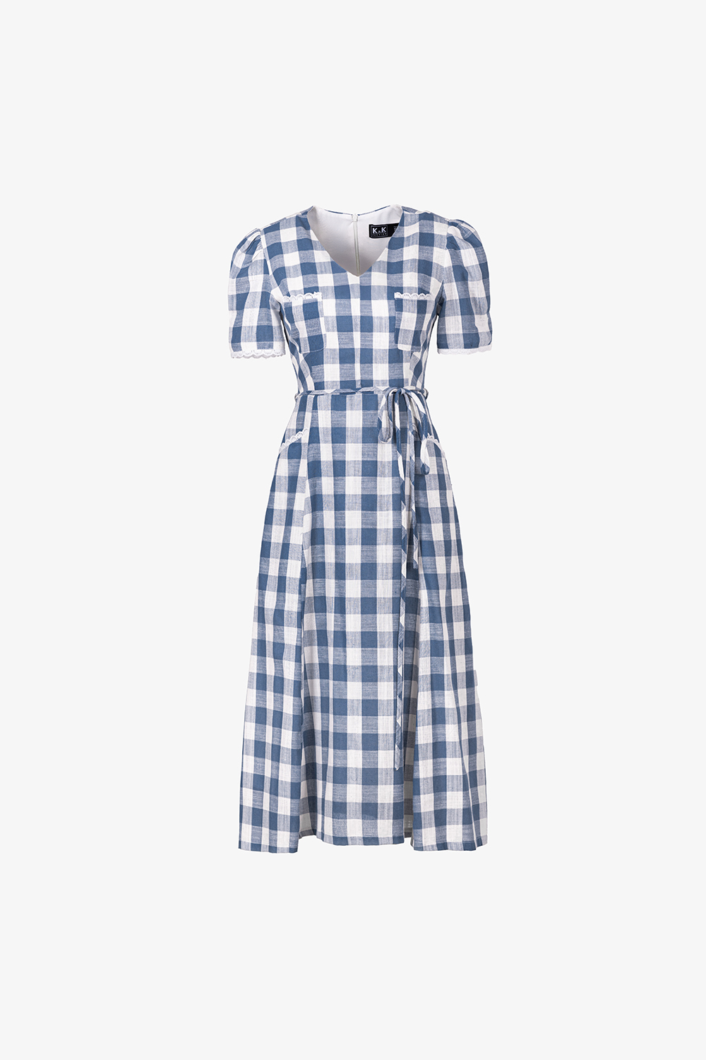 Đầm xòe caro dáng dài cổ V thắt nơ eo