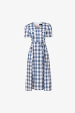 Đầm xòe caro dáng dài cổ V thắt nơ eo