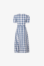 Đầm xòe caro dáng dài cổ V thắt nơ eo