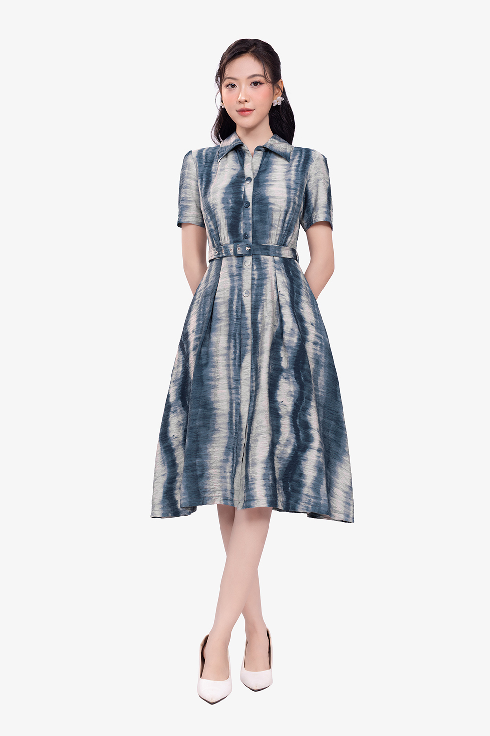 Đầm họa tiết loang cổ sơ mi dáng A thắt lưng