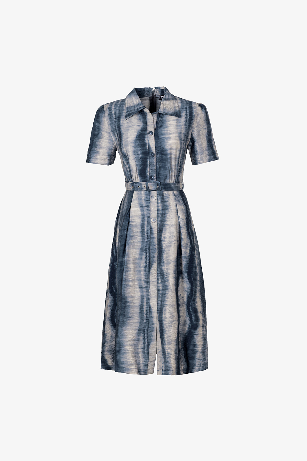 Đầm họa tiết loang cổ sơ mi dáng A thắt lưng