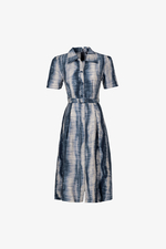 Đầm họa tiết loang cổ sơ mi dáng A thắt lưng