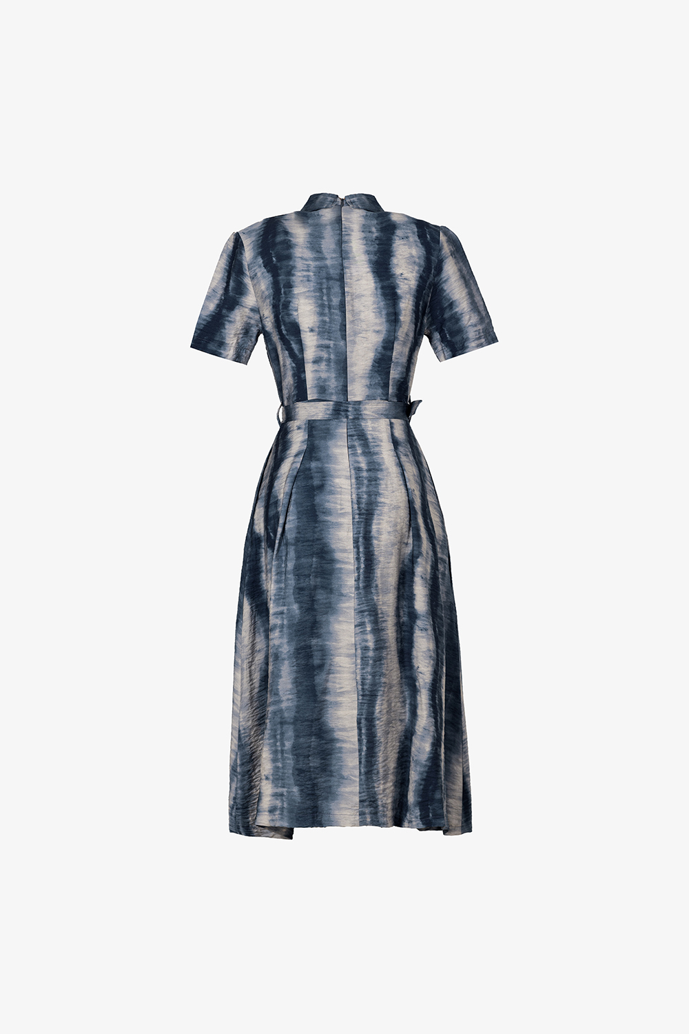 Đầm họa tiết loang cổ sơ mi dáng A thắt lưng