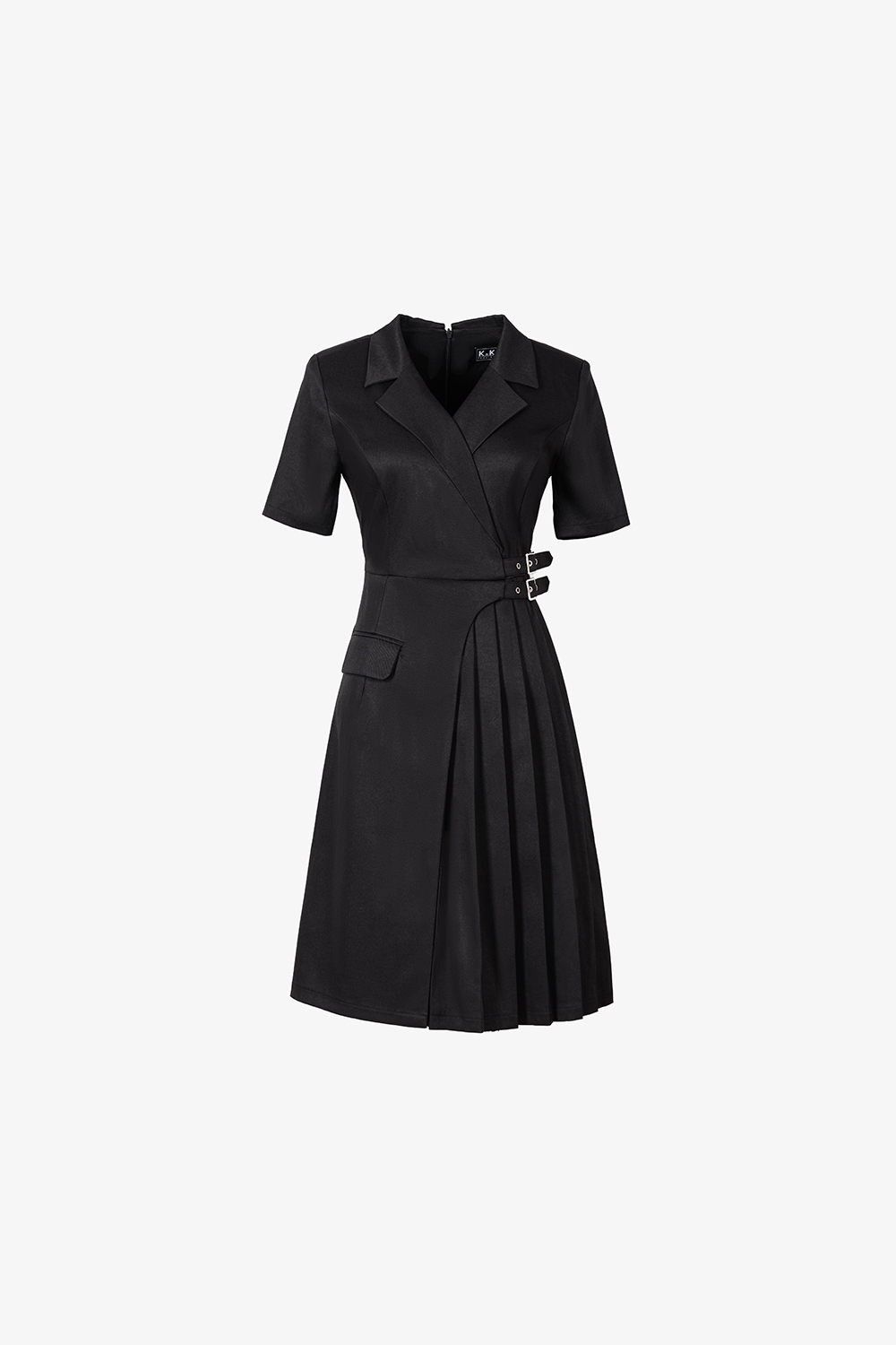 Đầm đen chữ A xếp ly nhấn eo cổ đan tông