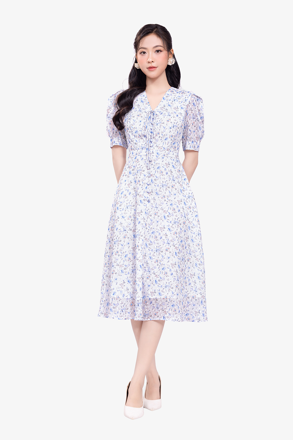 Đầm voan hoa nhí dáng A cổ V thắt nơ