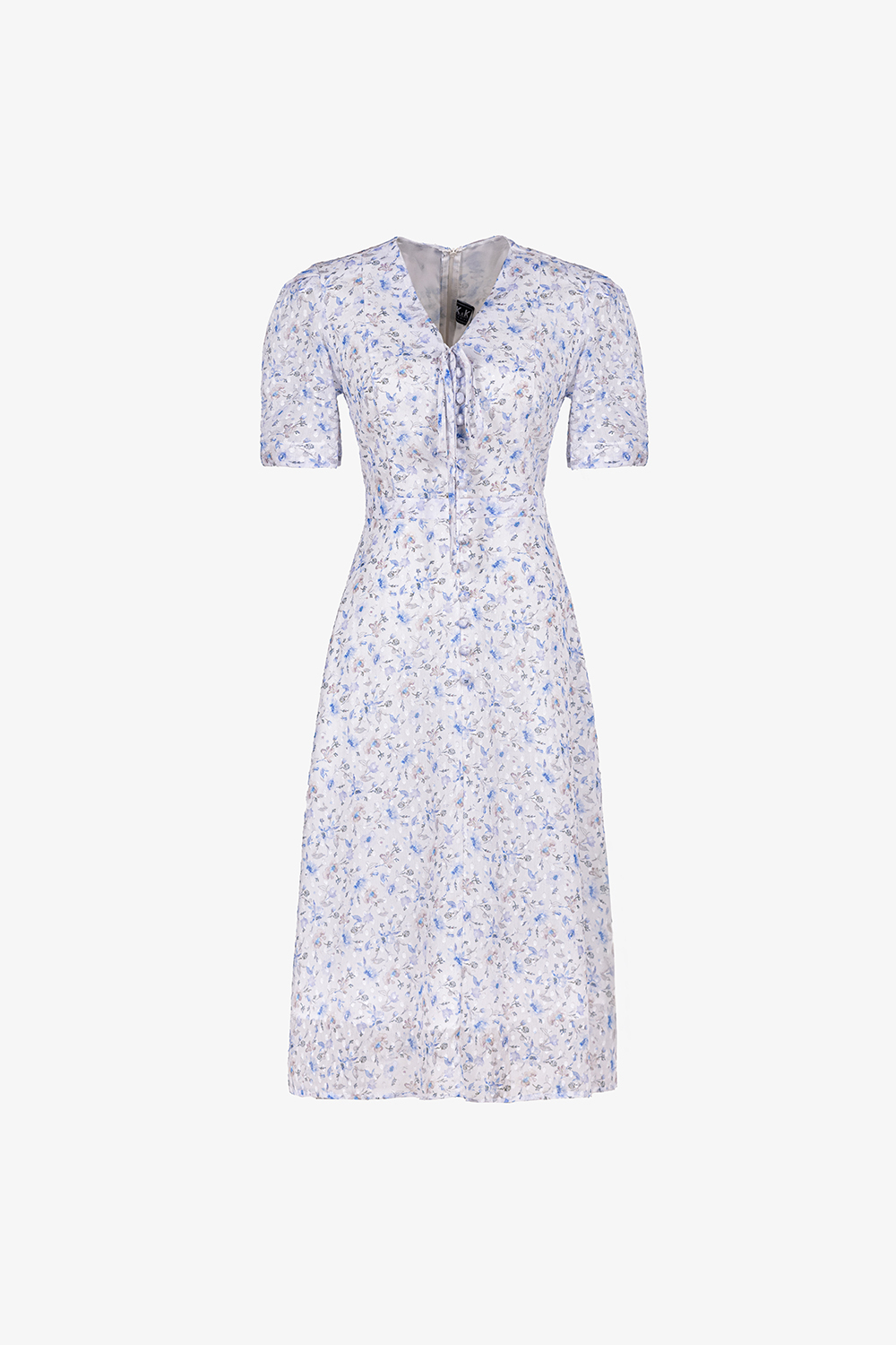 Đầm voan hoa nhí dáng A cổ V thắt nơ