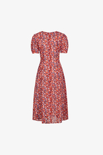 Đầm hoa đỏ dáng xòe cổ V phối nút