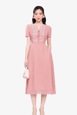 Đầm xòe công sở màu hồng phối ren