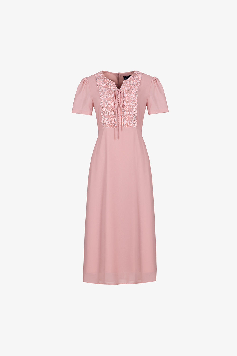 Đầm xòe công sở màu hồng phối ren