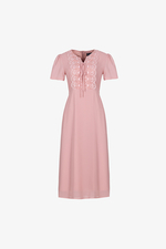 Đầm xòe công sở màu hồng phối ren