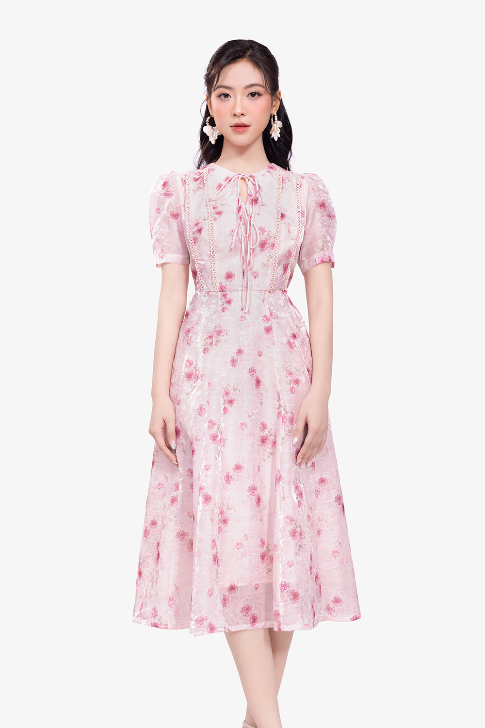 Đầm hoa hồng dáng xòe cổ tròn đính nơ