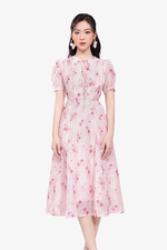 Đầm hoa hồng dáng xòe cổ tròn đính nơ