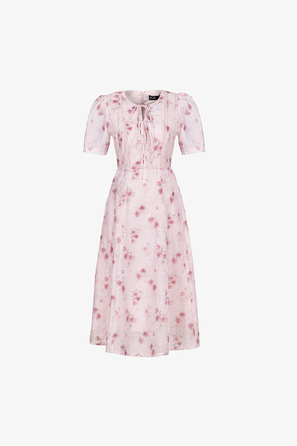 Đầm hoa hồng dáng xòe cổ tròn đính nơ