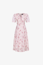 Đầm hoa hồng dáng xòe cổ tròn đính nơ