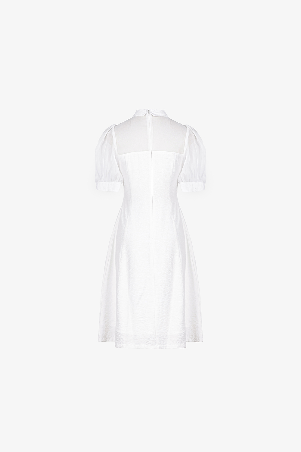 Đầm trắng dáng A xòe cổ sơ mi tay phồng