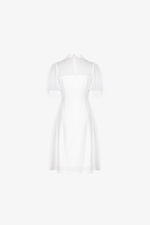 Đầm trắng dáng A xòe cổ sơ mi tay phồng