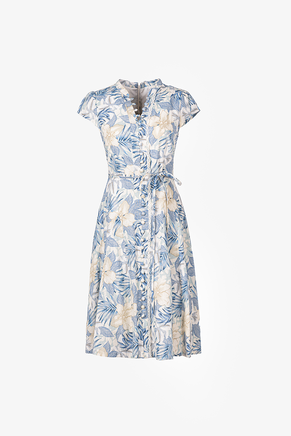 Đầm linen trắng họa tiết xanh phối nút