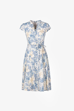 Đầm linen trắng họa tiết xanh phối nút