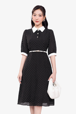 Đầm đen chấm bi phối trắng dáng xòe