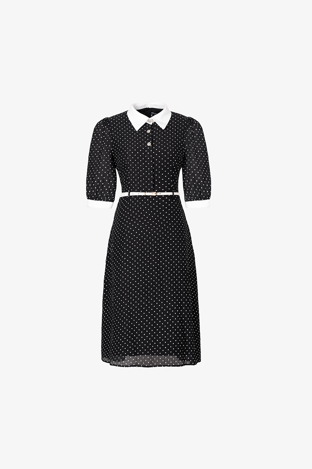 Đầm đen chấm bi phối trắng dáng xòe