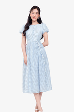 Đầm voan chấm bi xòe tay phồng thắt nơ eo