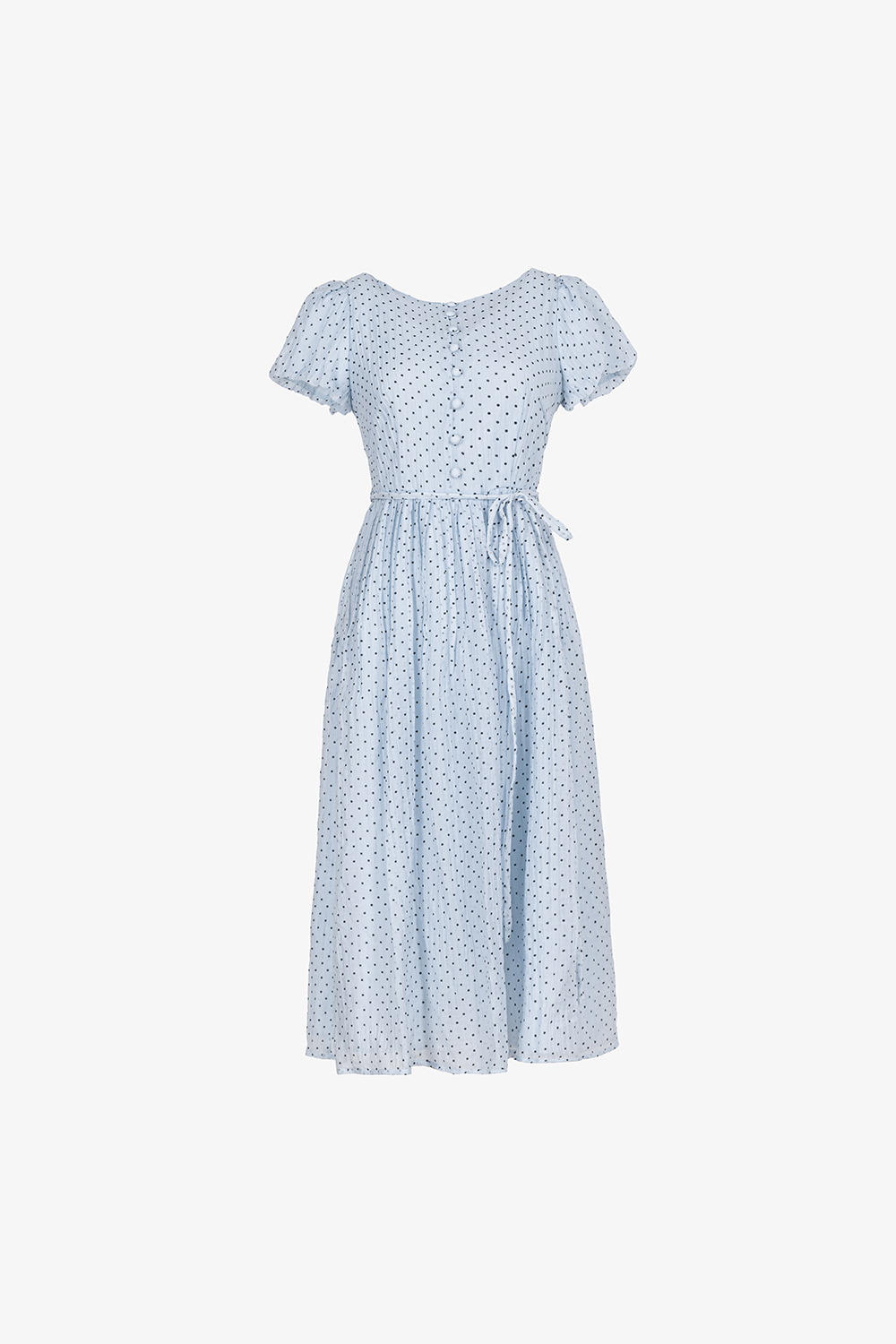 Đầm voan chấm bi xòe tay phồng thắt nơ eo