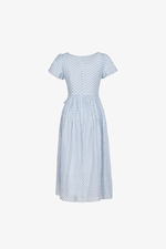 Đầm voan chấm bi xòe tay phồng thắt nơ eo