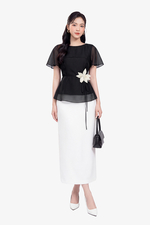 Áo kiểu peplum màu đen đính hoa eo