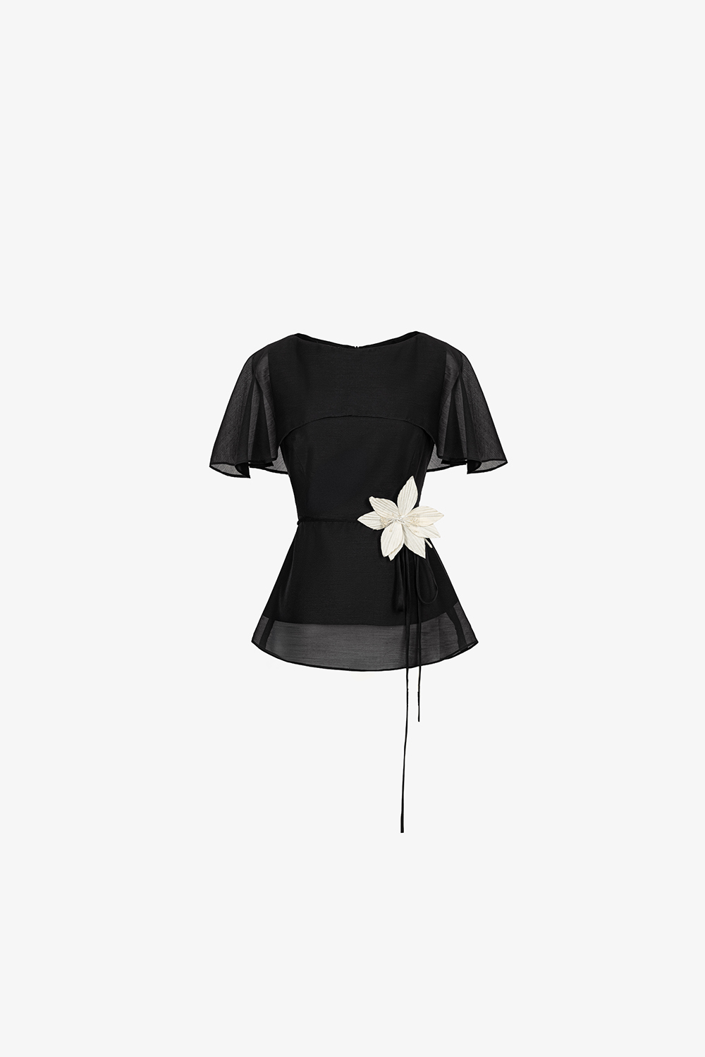 Áo kiểu peplum màu đen đính hoa eo