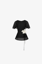Áo kiểu peplum màu đen đính hoa eo
