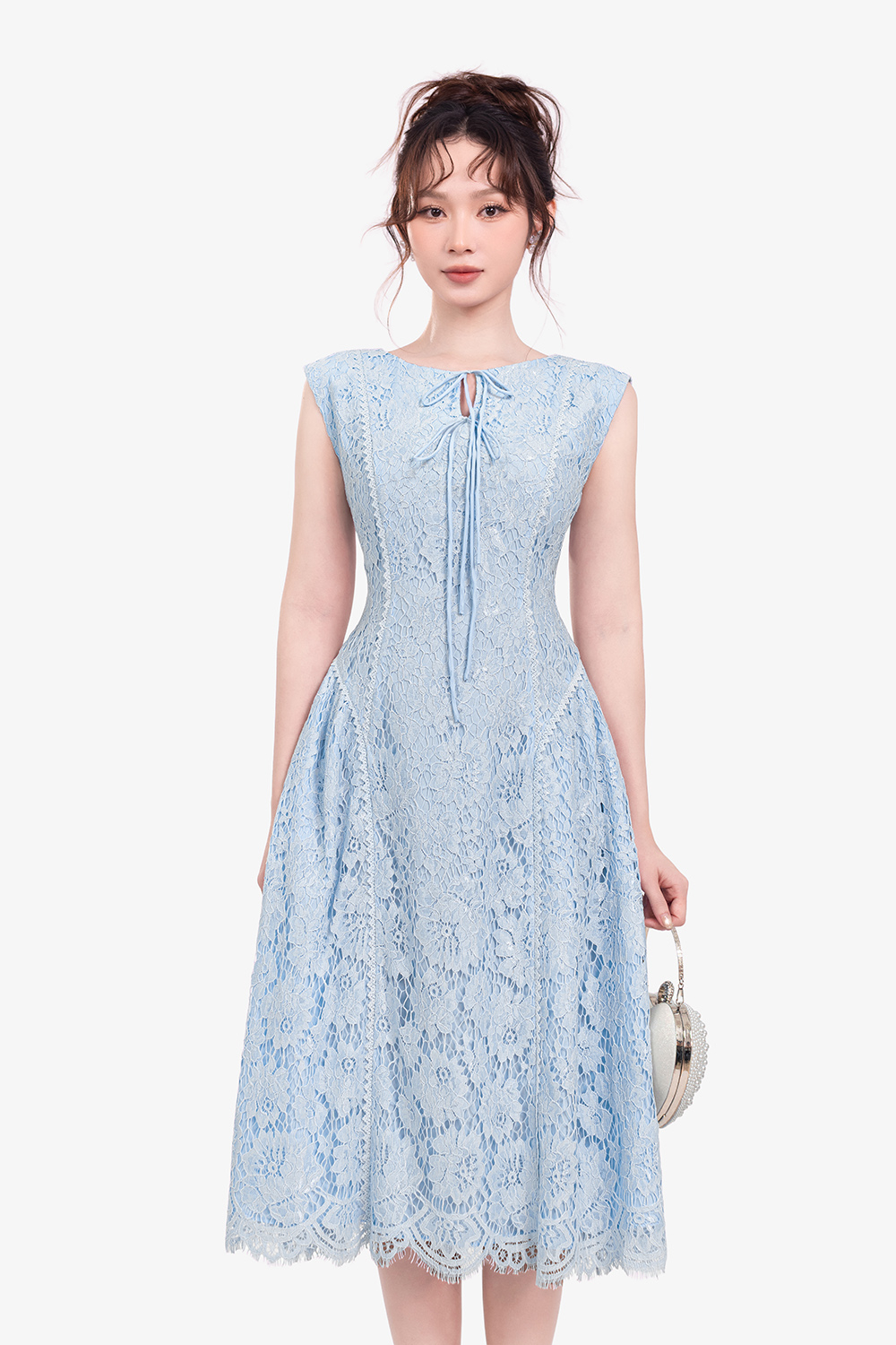 Đầm ren xanh dự tiệc dáng A xòe phối nơ