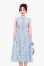 Đầm ren xanh dự tiệc dáng A xòe phối nơ