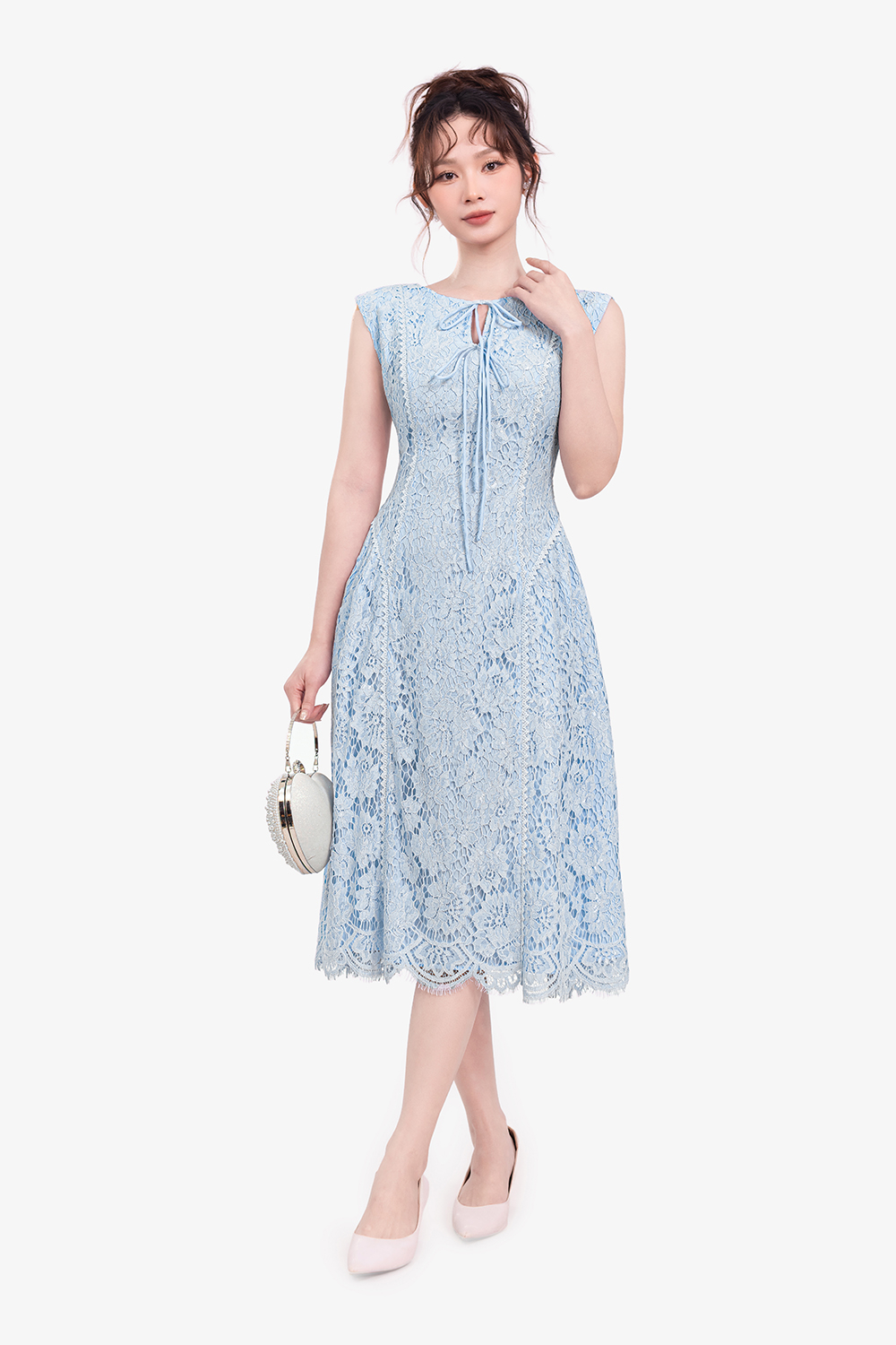 Đầm ren xanh dự tiệc dáng A xòe phối nơ