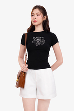 Áo thun babytee đen thêu hoa