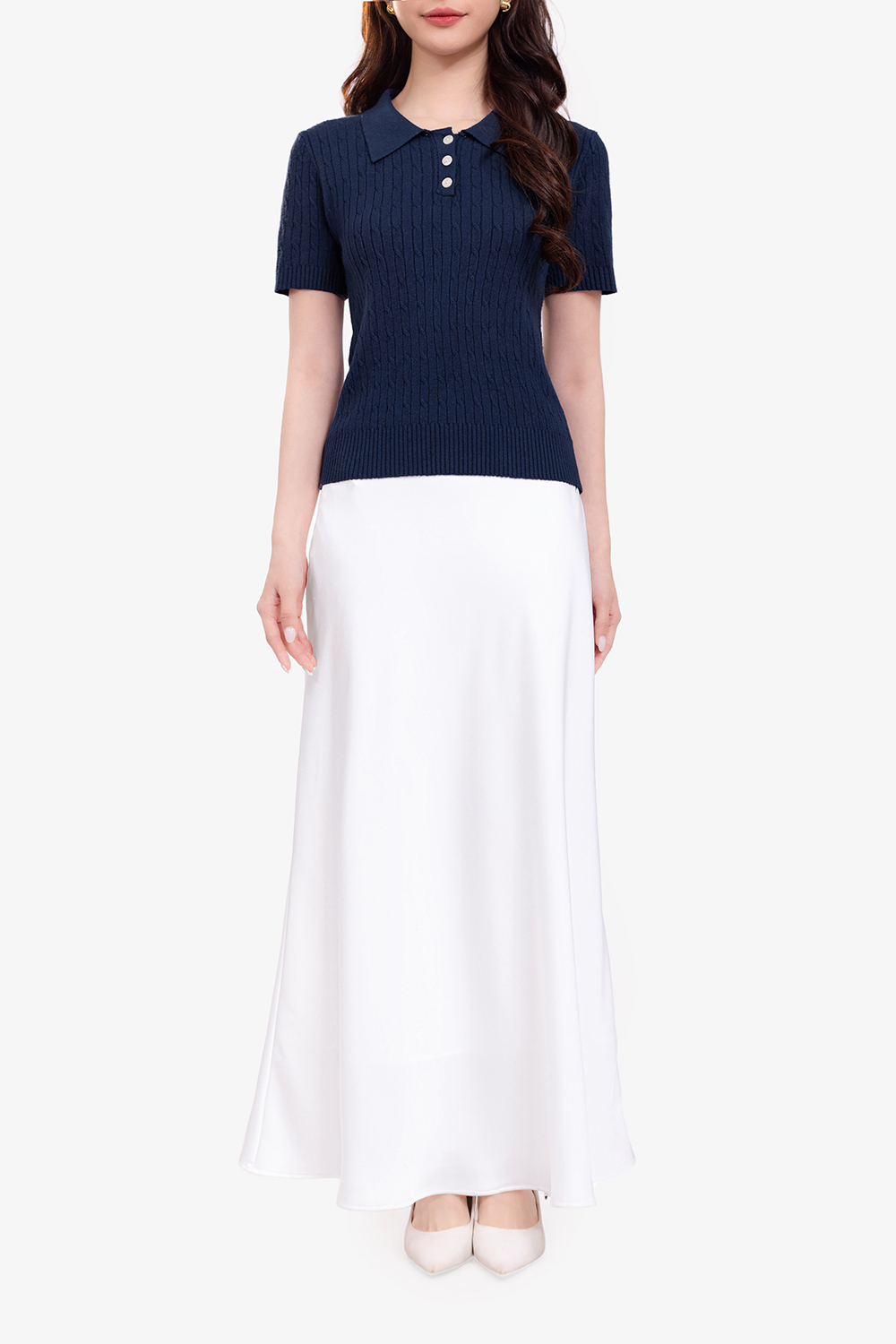 Chân váy lụa dáng dài màu trắng