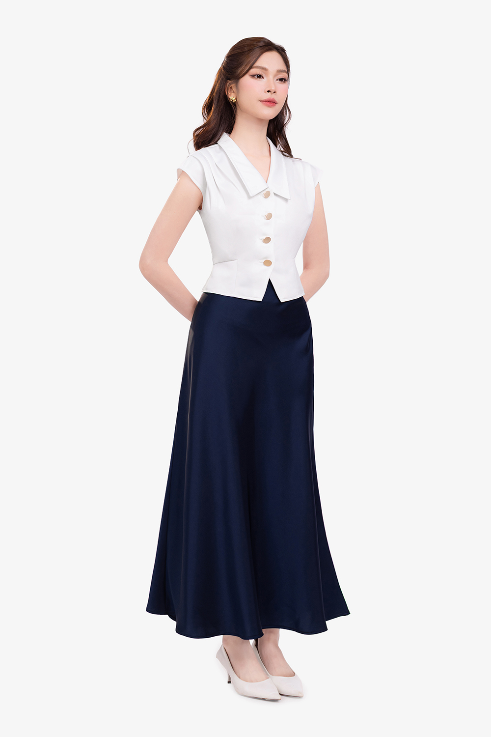 Chân váy lụa xanh đen dáng dài