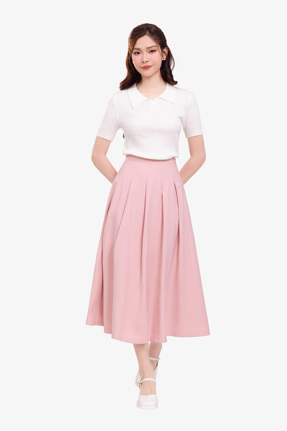 Chân váy xòe xếp ly màu hồng pastel