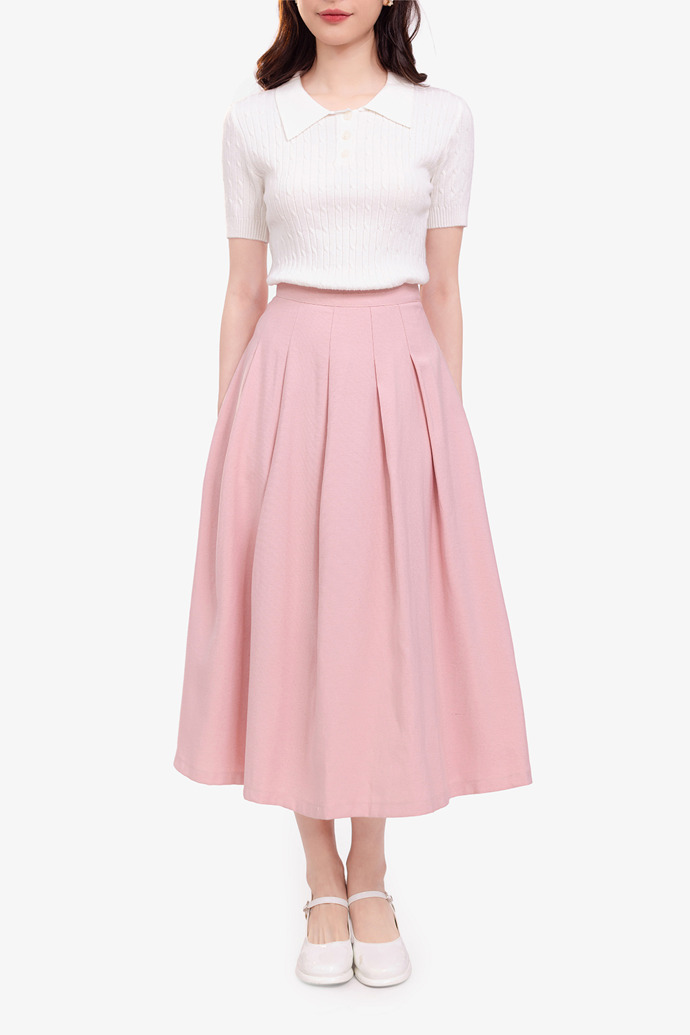 Chân váy xòe xếp ly màu hồng pastel