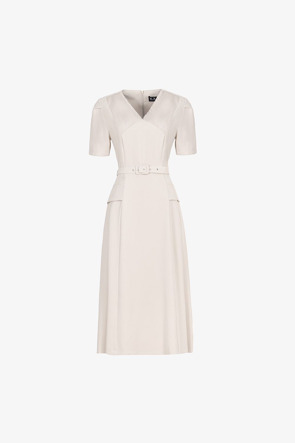 Đầm kem cổ V xếp nhún dáng xòe xếp ly