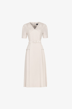 Đầm kem cổ V xếp nhún dáng xòe xếp ly