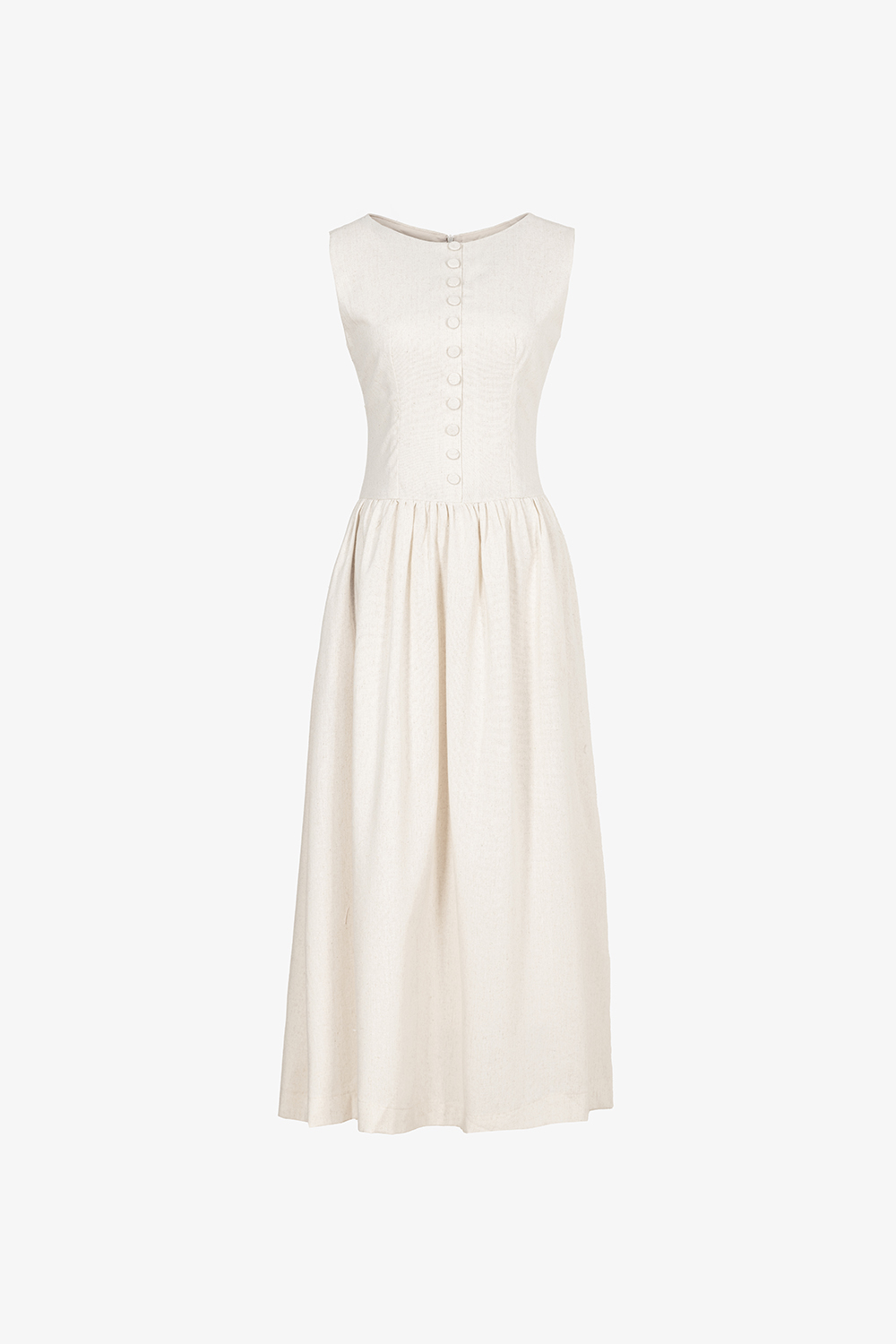 Đầm linen dáng xòe midi sát nách phối nút