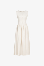 Đầm linen dáng xòe midi sát nách phối nút