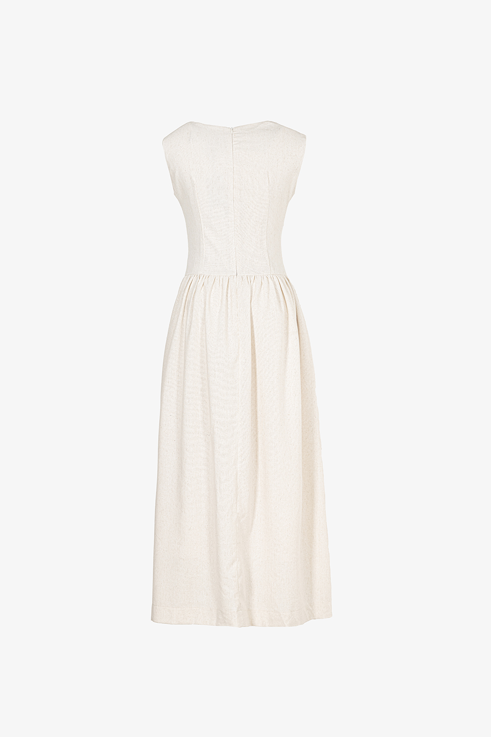 Đầm linen dáng xòe midi sát nách phối nút