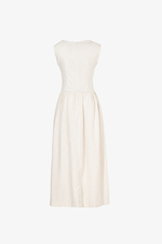 Đầm linen dáng xòe midi sát nách phối nút